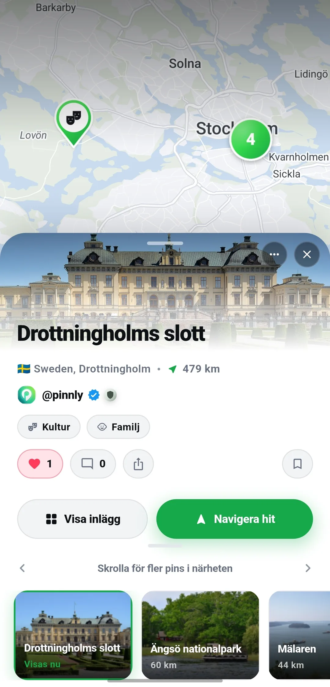 Kartan med nålar och navigering till platsen