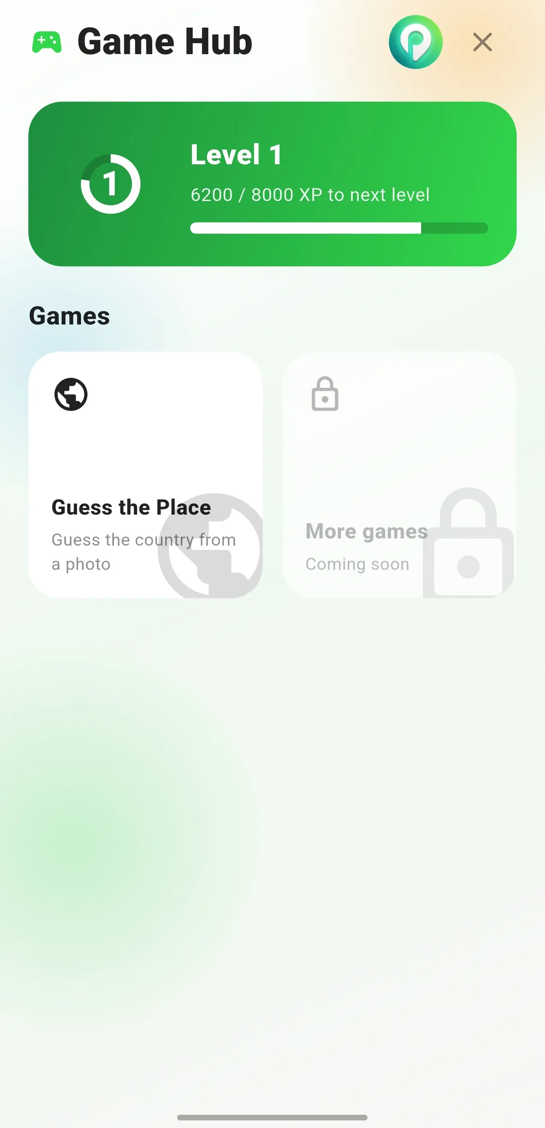 Game Hub med geospel och nivåer
